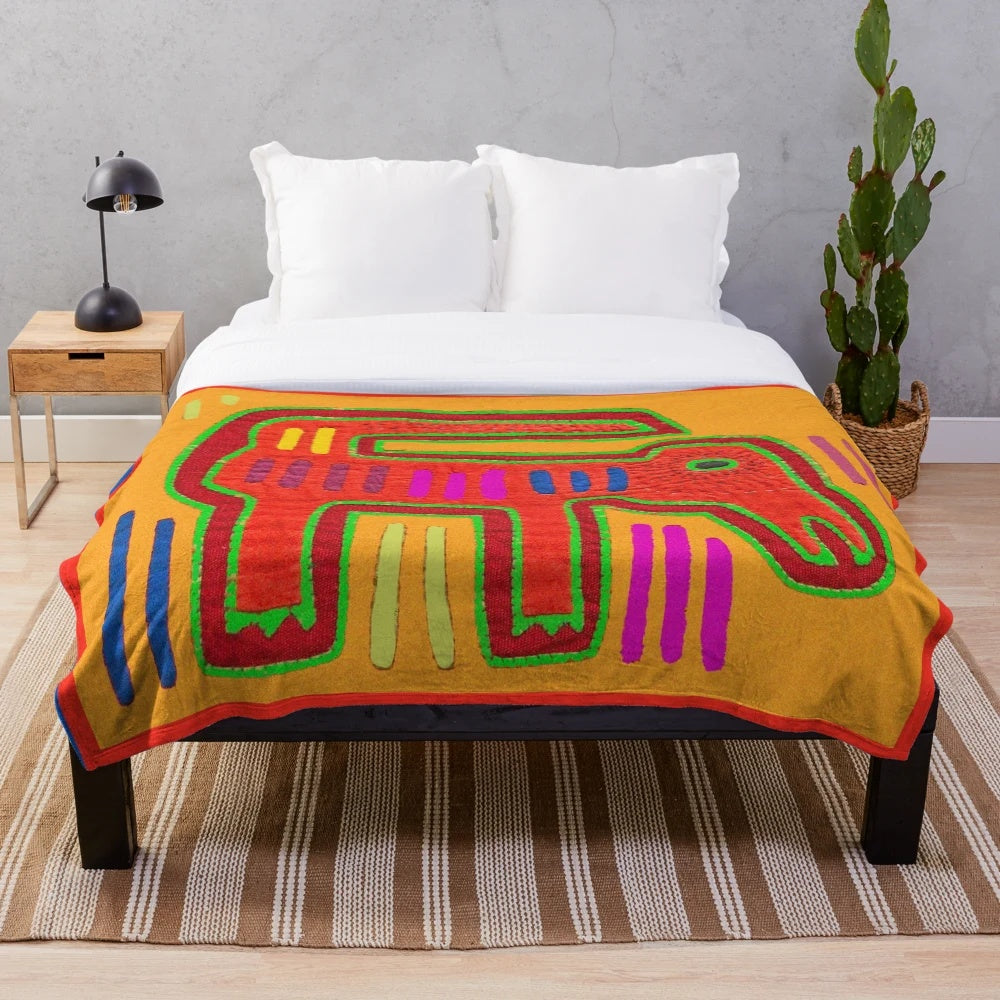 Mola dog plush blanket with vibrant tribal design