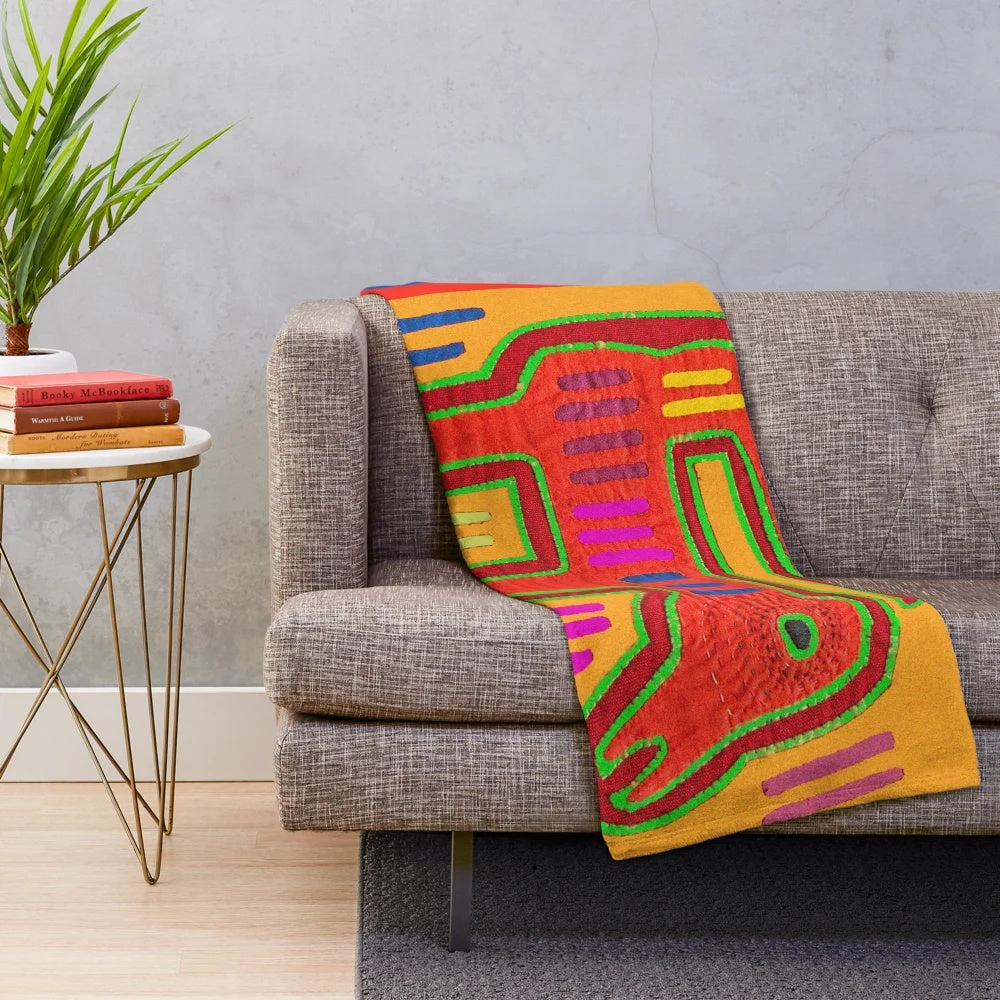Mola dog plush blanket with vibrant tribal design