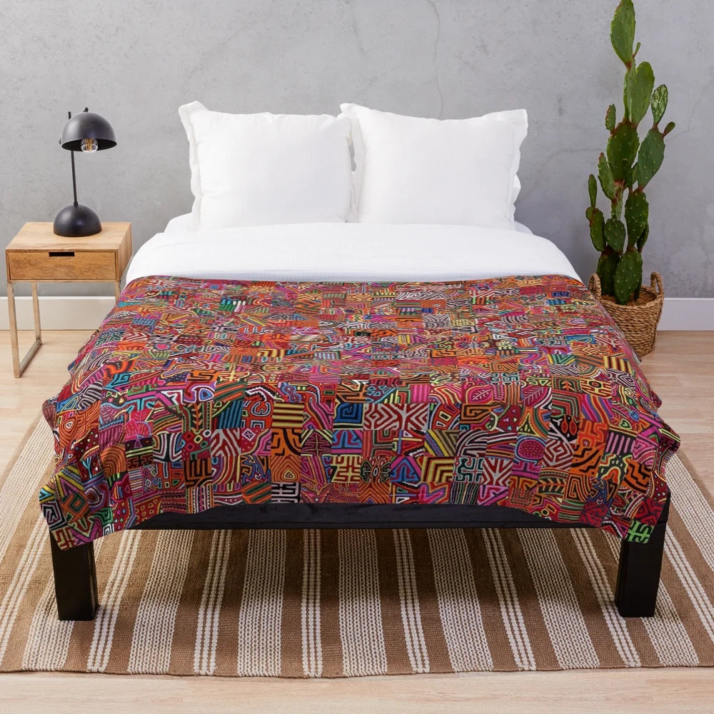 Mola plush blanket with vibrant Panama art design