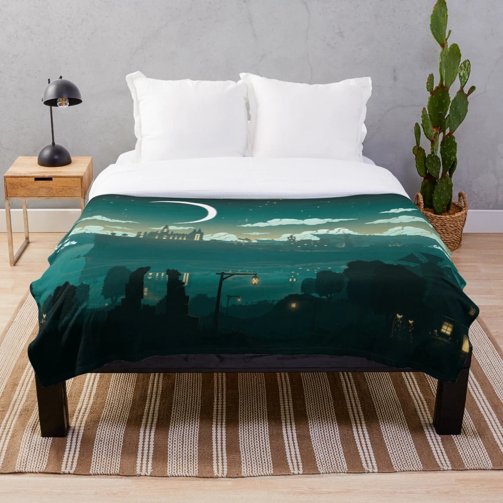 Mondstadt landscape plush blanket featuring the moon, stars, and calm night sky