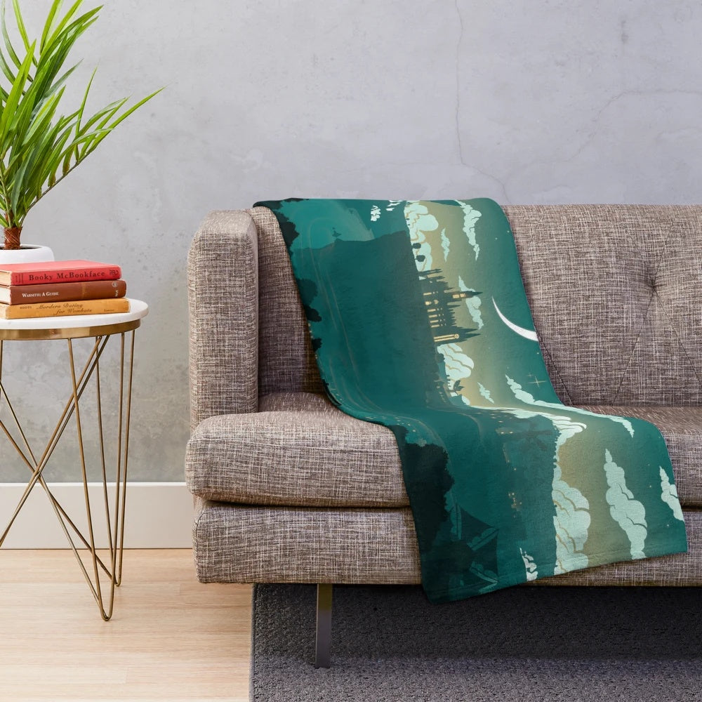 Mondstadt landscape plush blanket featuring the moon, stars, and calm night sky
