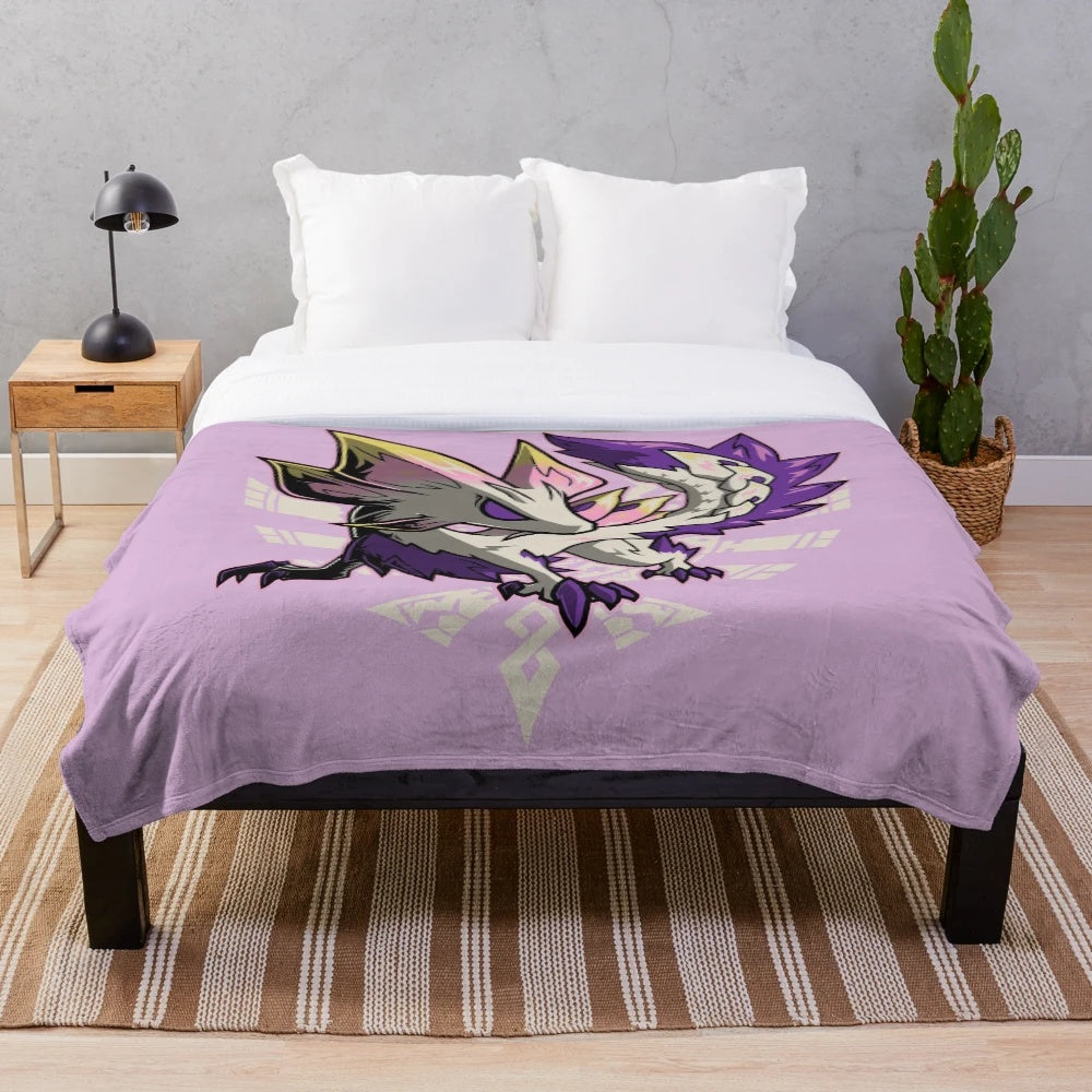 Plush blanket featuring a chibi-style illustration of the Mizutsune monster from the Monster Hunter video game series.