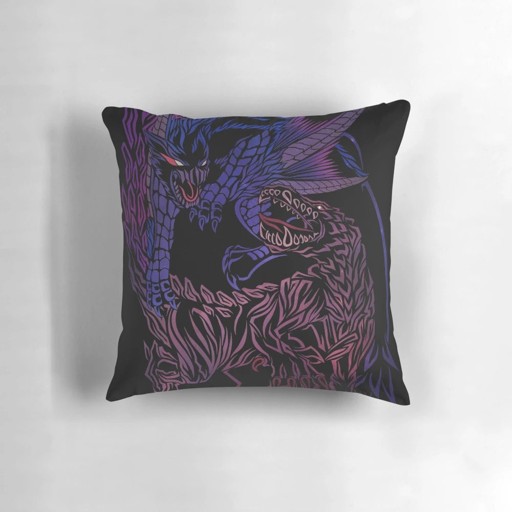 Monster Hunter inspired pillow with Nargacuga and Ebony Odogaron designs