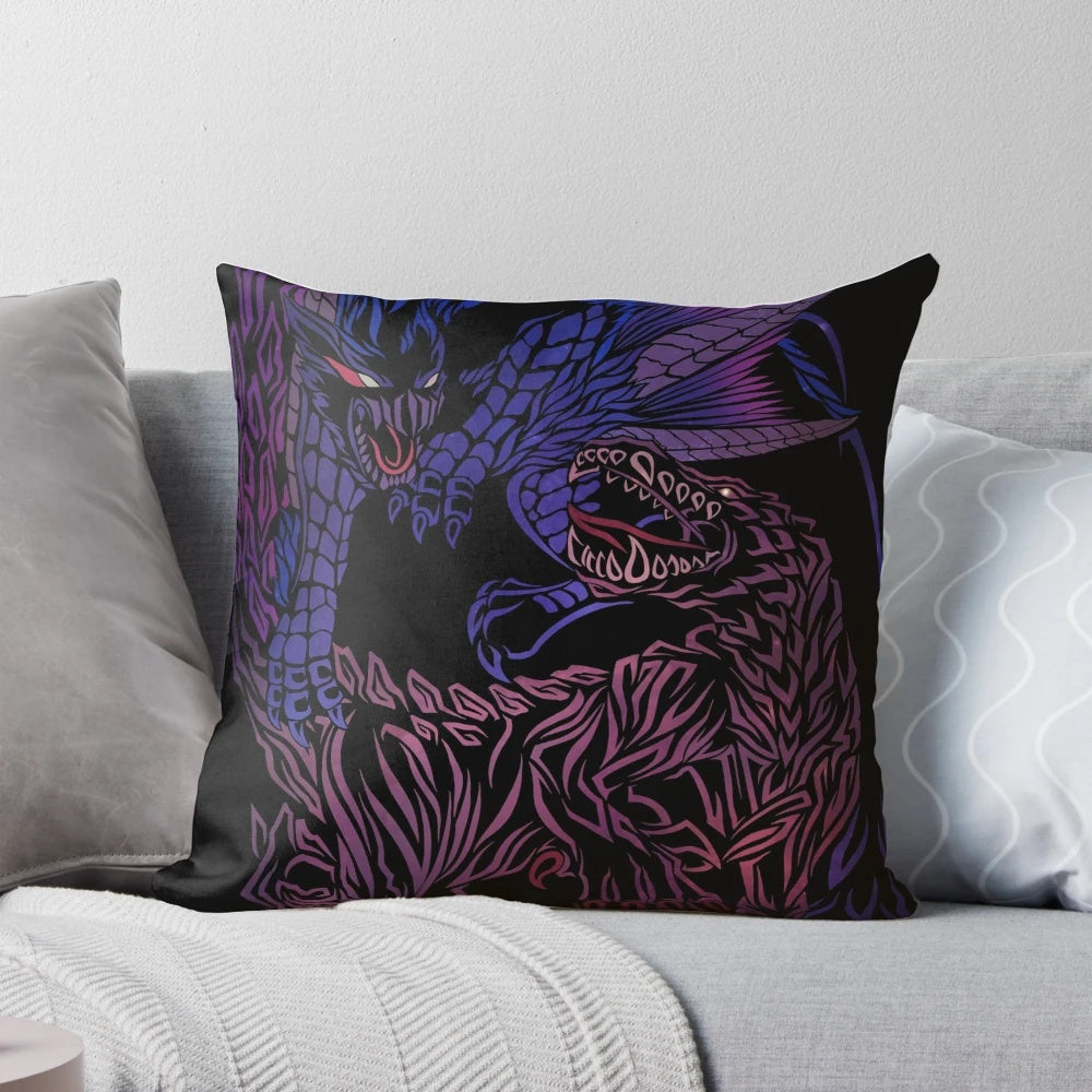 Monster Hunter inspired pillow with Nargacuga and Ebony Odogaron designs