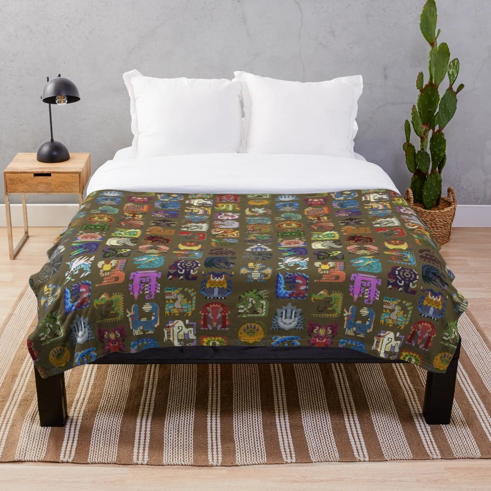 Cozy monster plush blanket with pixel art design
