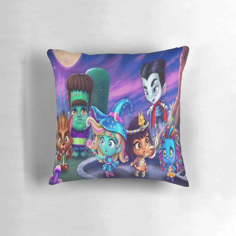 Soft, plush pillow featuring a Super Monsters design for children's bedrooms