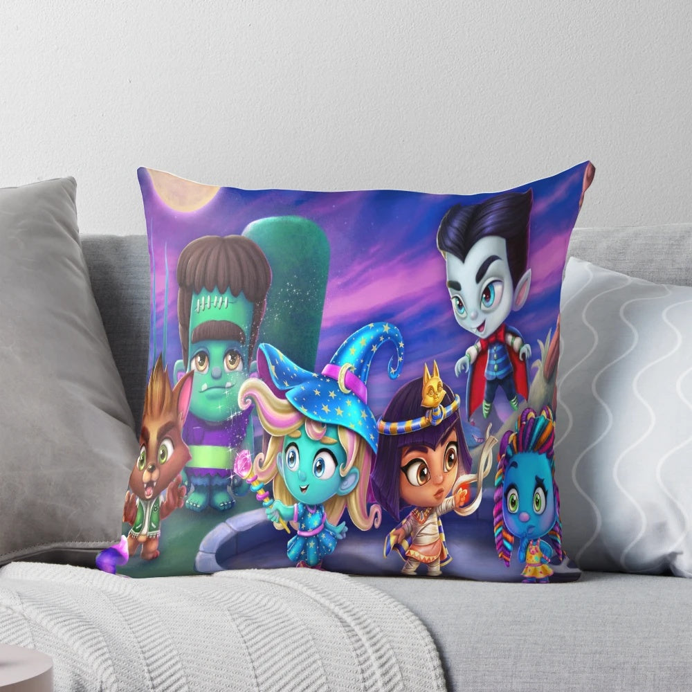 Soft, plush pillow featuring a Super Monsters design for children's bedrooms
