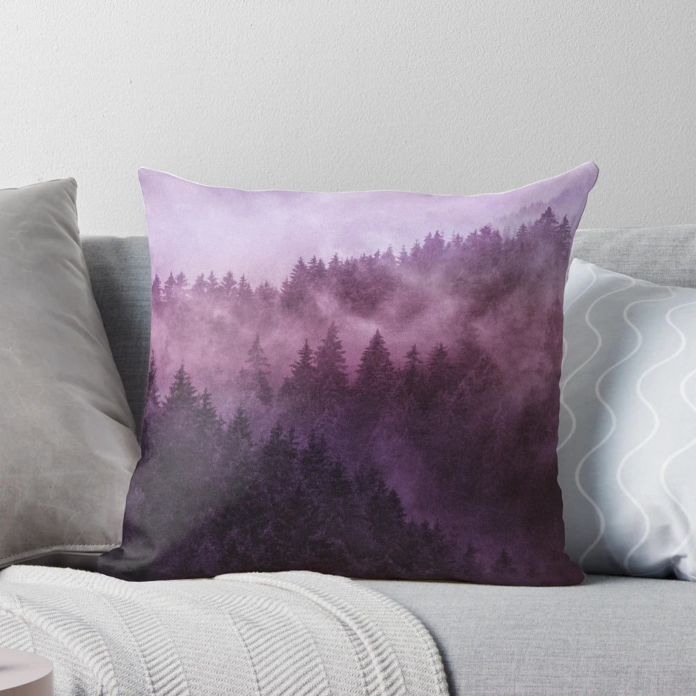 Cozy pillow featuring a moody, romantic forest scene with misty trees and a dreamy, tranquil atmosphere.