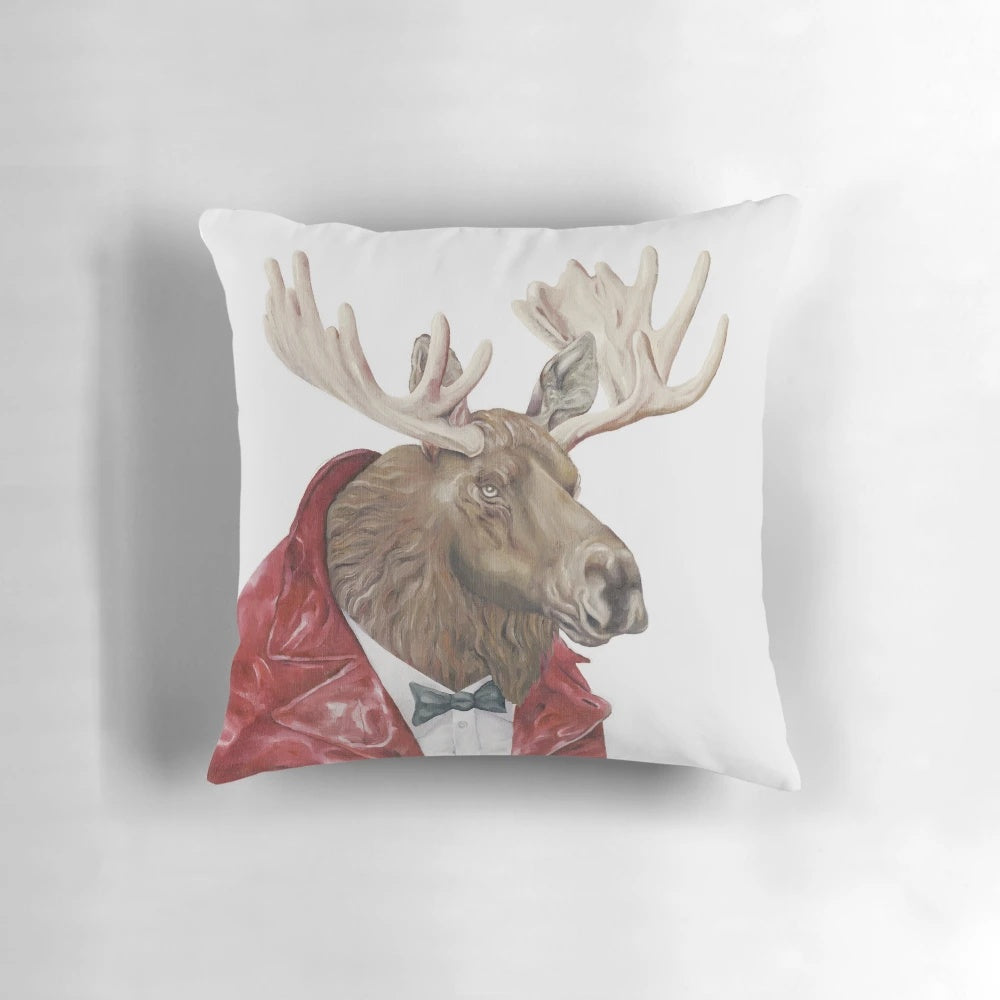 Moose in Leather Throw Pillow with Antler Accents for Cabin Decor