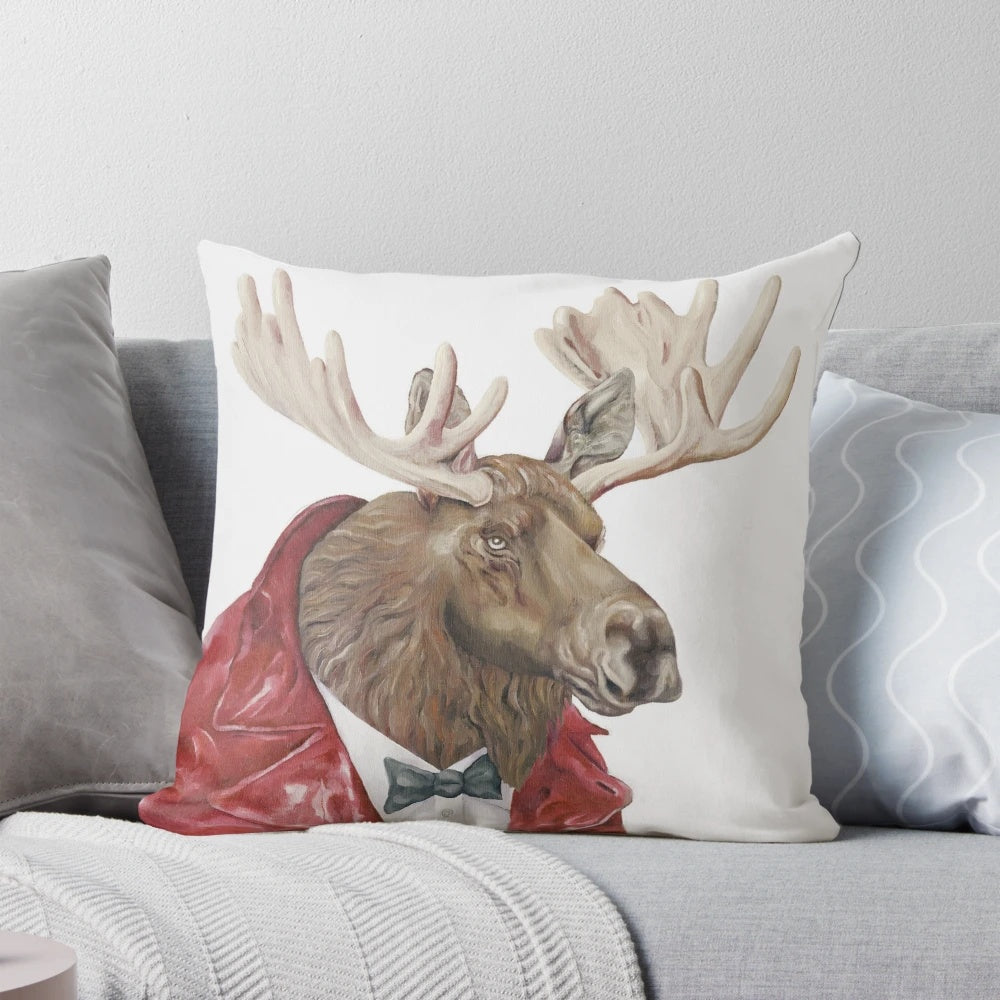 Moose in Leather Throw Pillow with Antler Accents for Cabin Decor