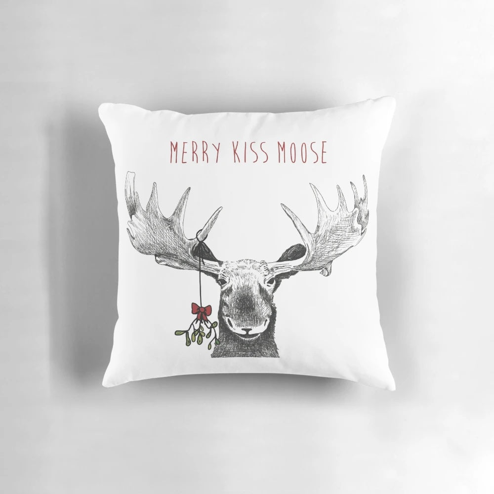Merry Kiss Moose Christmas Mistletoe Pillow with Soft, Plush Fabric