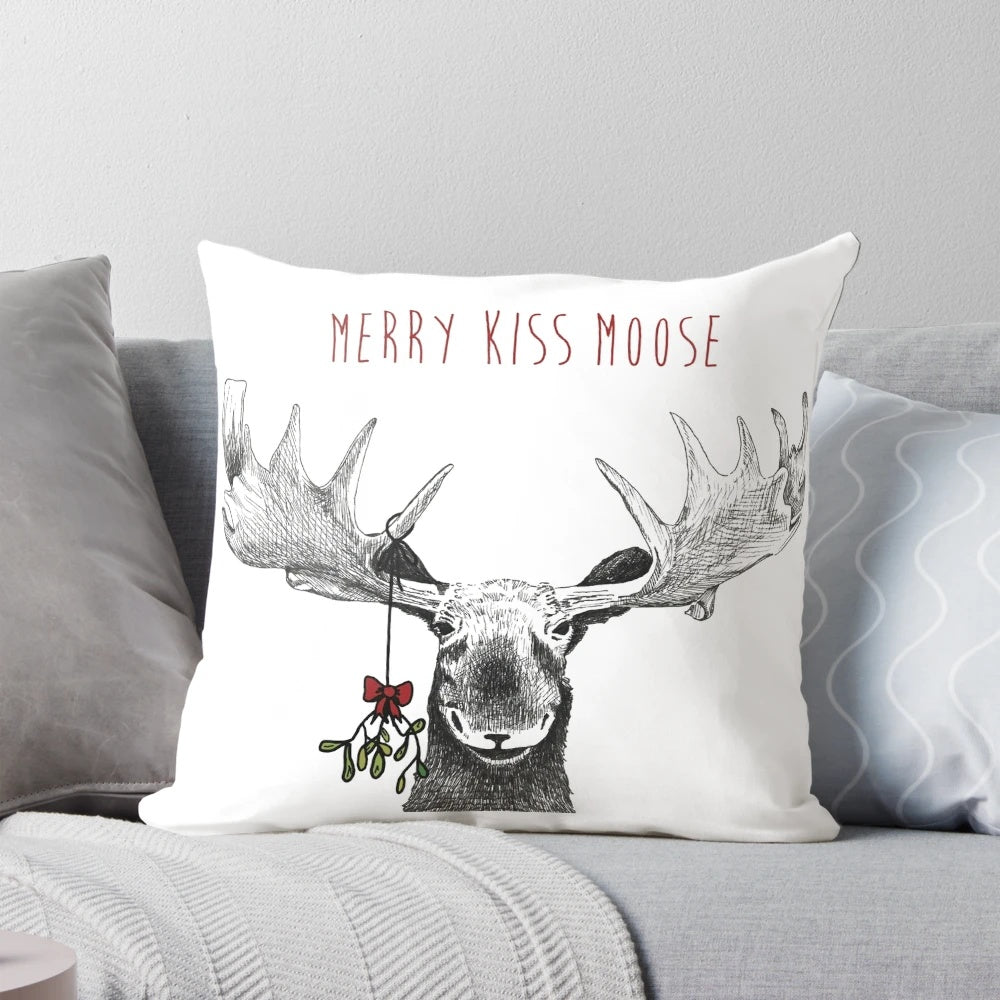 Merry Kiss Moose Christmas Mistletoe Pillow with Soft, Plush Fabric