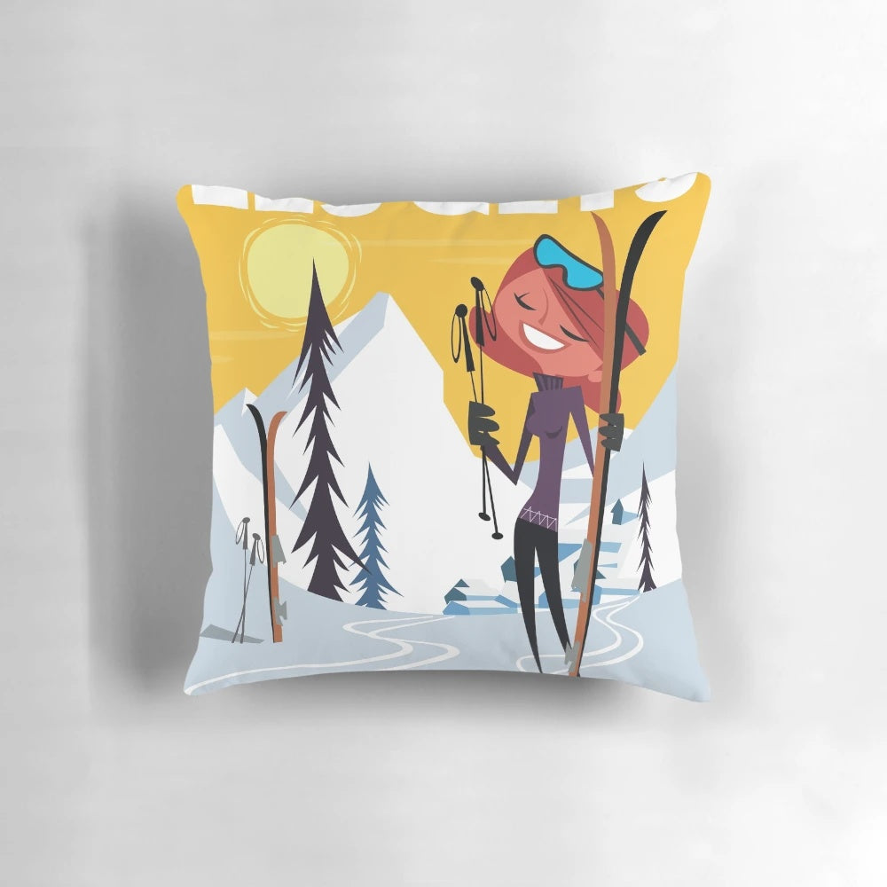 A cozy mountain poster pillow featuring a snowy winter scene in the French Alps
