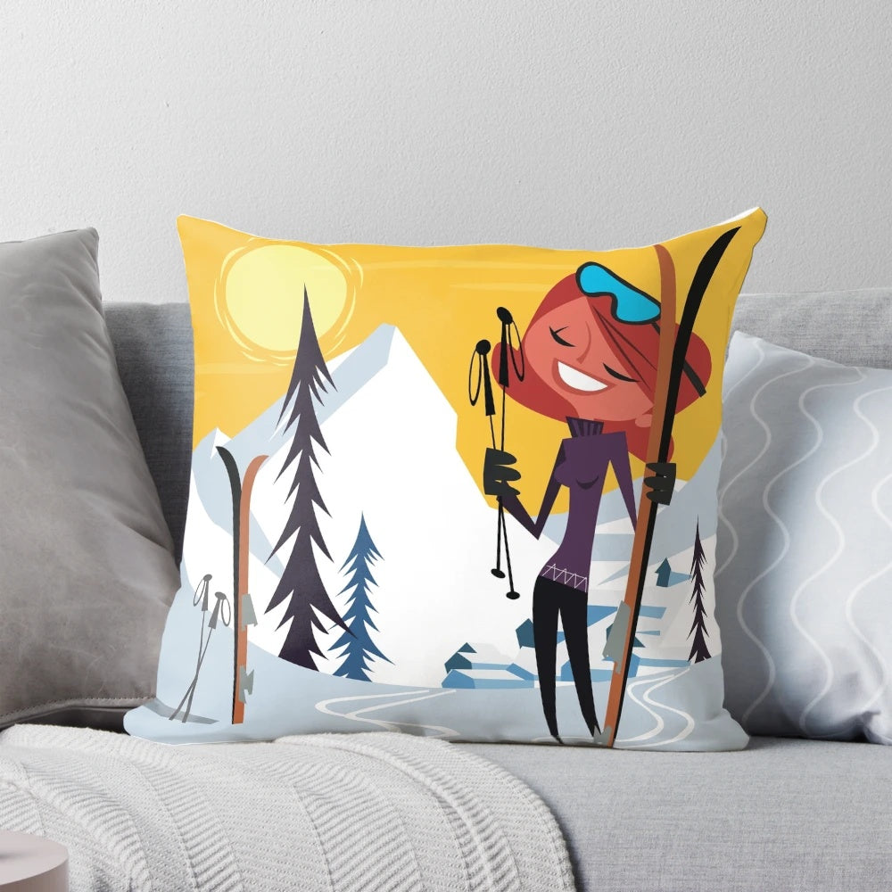 A cozy mountain poster pillow featuring a snowy winter scene in the French Alps