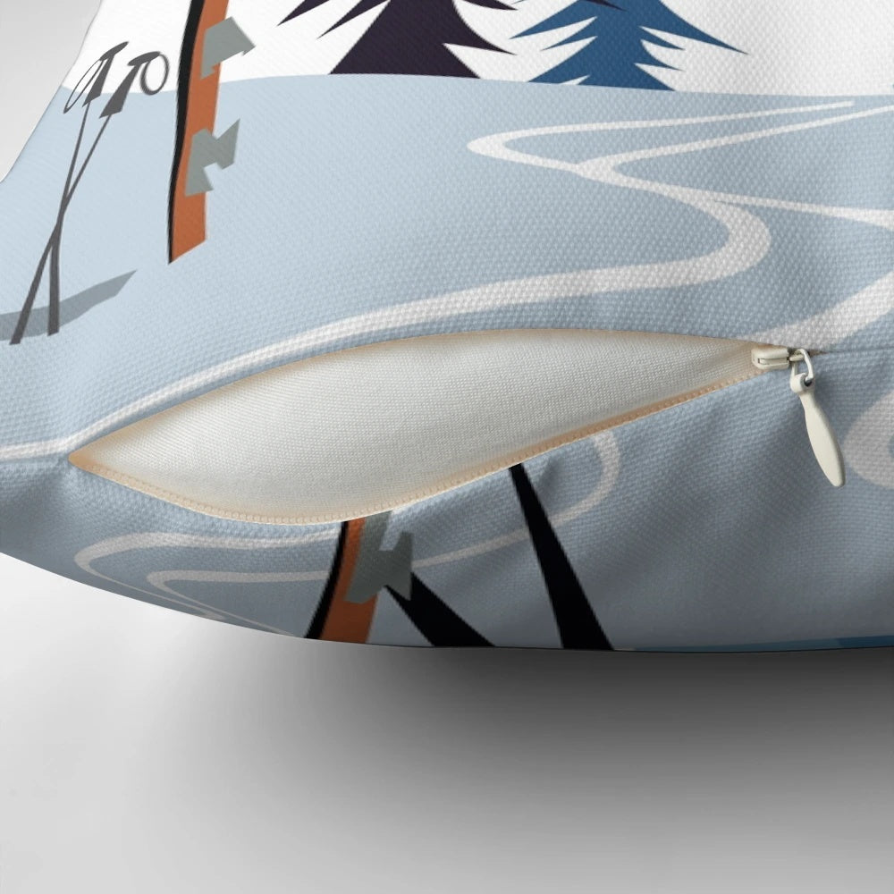 A cozy mountain poster pillow featuring a snowy winter scene in the French Alps