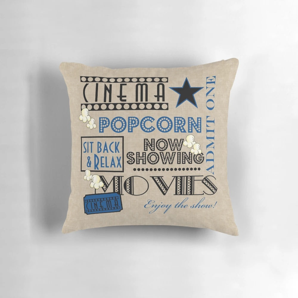 Blue movie theater inspired pillow with "Admit One" text
