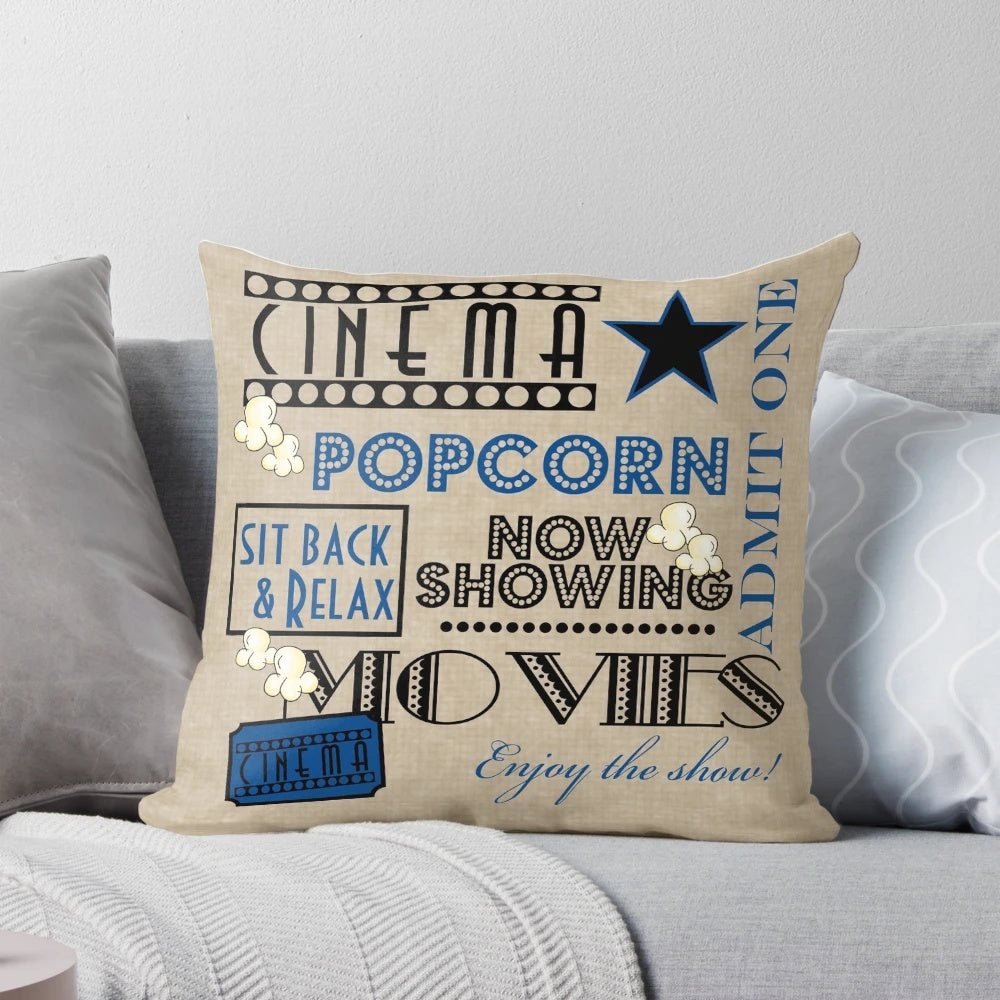 Blue movie theater inspired pillow with "Admit One" text