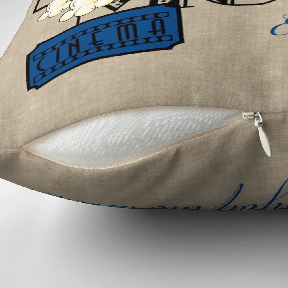 Blue movie theater inspired pillow with "Admit One" text