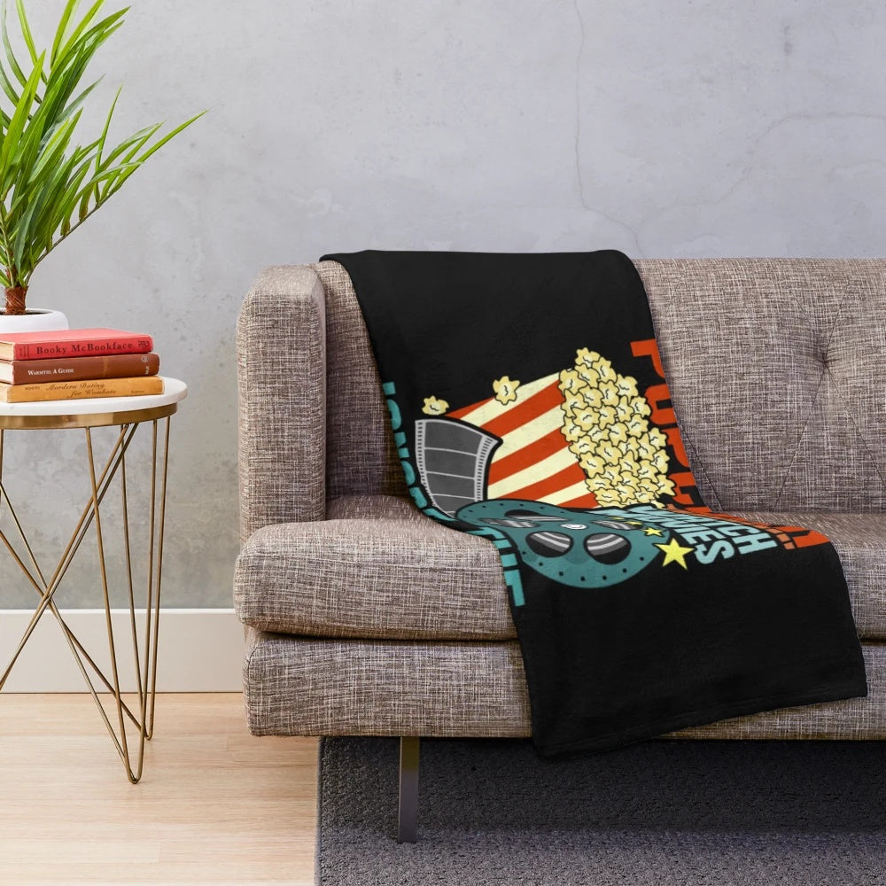 Soft and warm plush blanket with movie theater and popcorn design