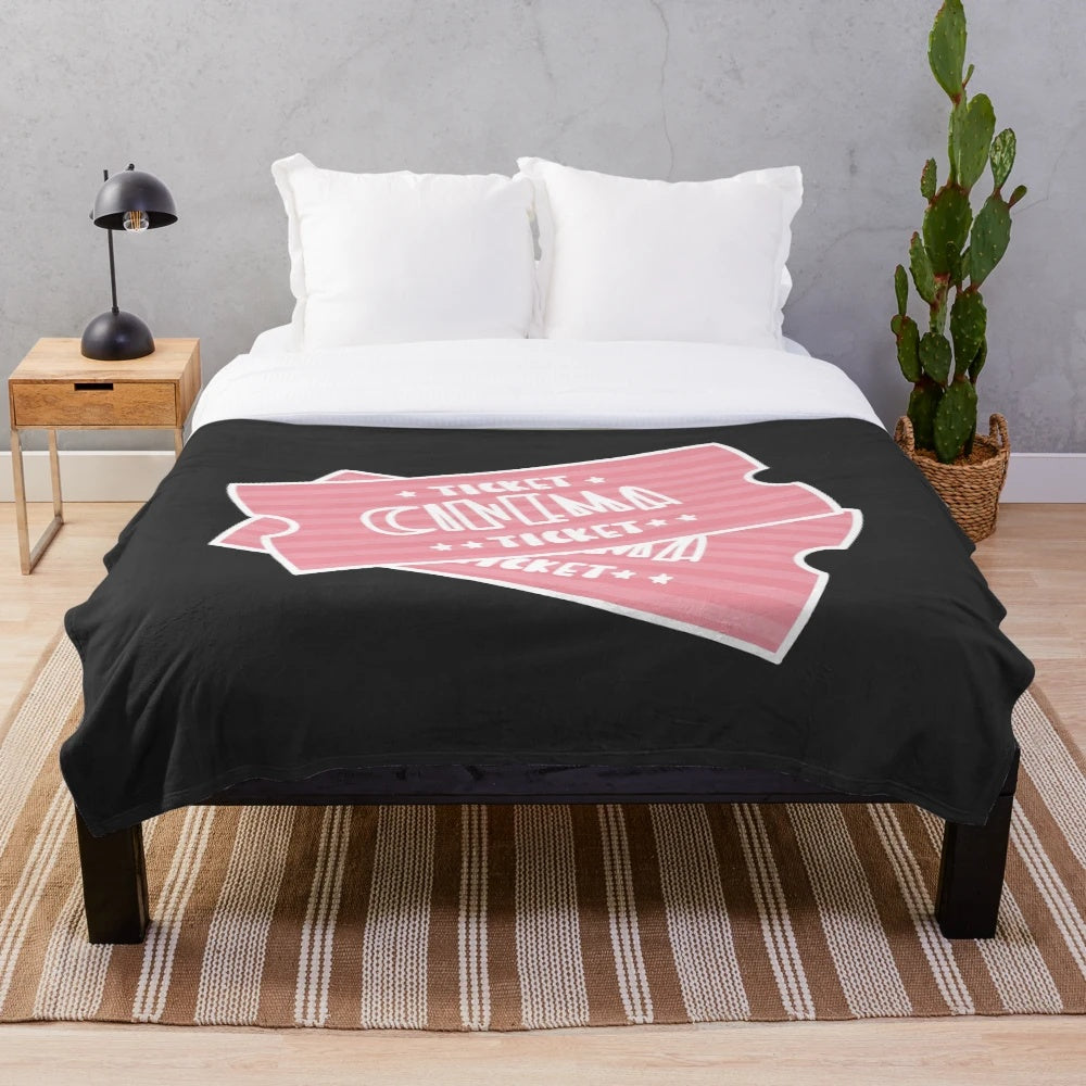Plush blanket with movie ticket design, perfect for movie lovers