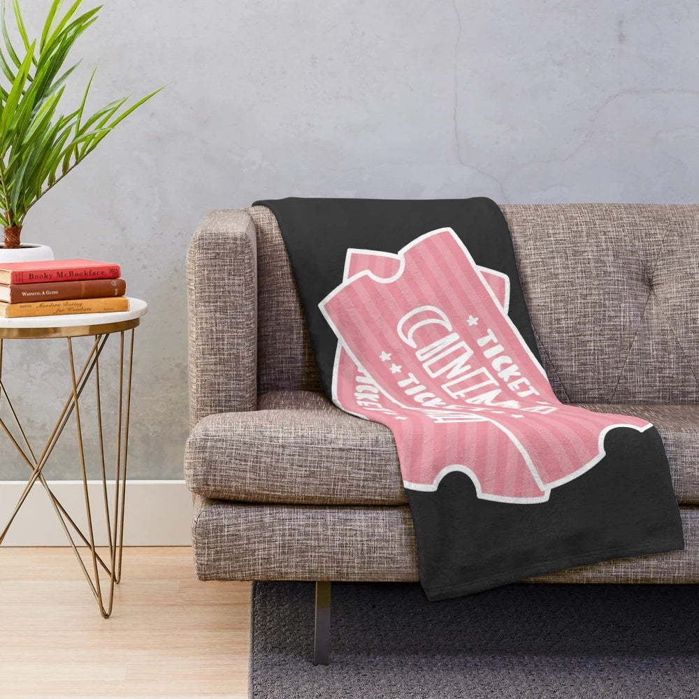 Plush blanket with movie ticket design, perfect for movie lovers