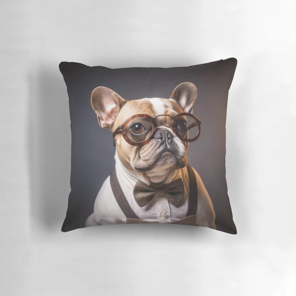 A plush, decorative pillow featuring a cute illustration of a French bulldog