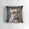 A plush, decorative pillow featuring a cute illustration of a French bulldog