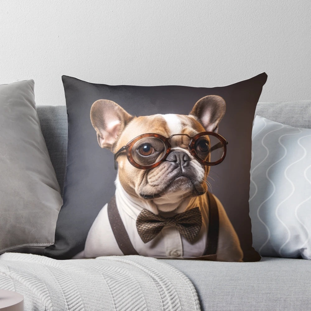 A plush, decorative pillow featuring a cute illustration of a French bulldog