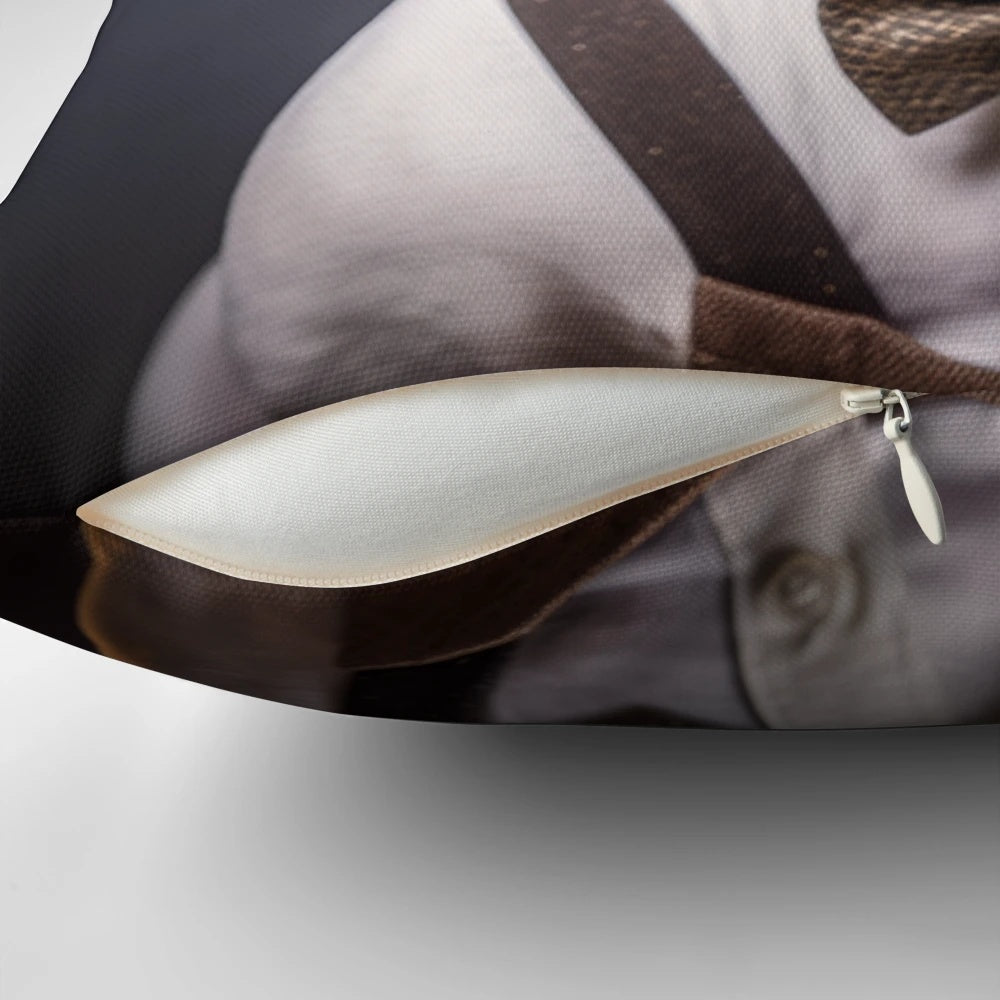 A plush, decorative pillow featuring a cute illustration of a French bulldog