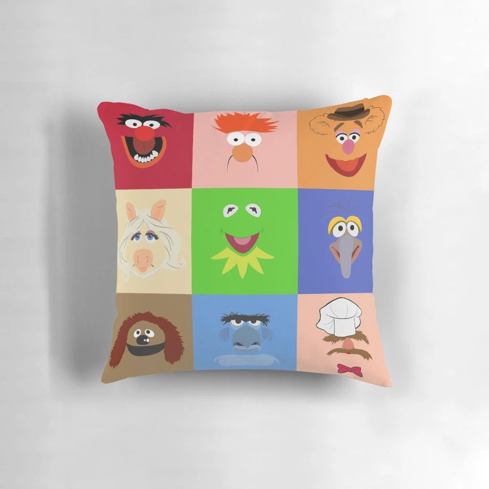 Muppets-themed pillow featuring beloved characters like Kermit the Frog, Miss Piggy, and the Electric Mayhem band.