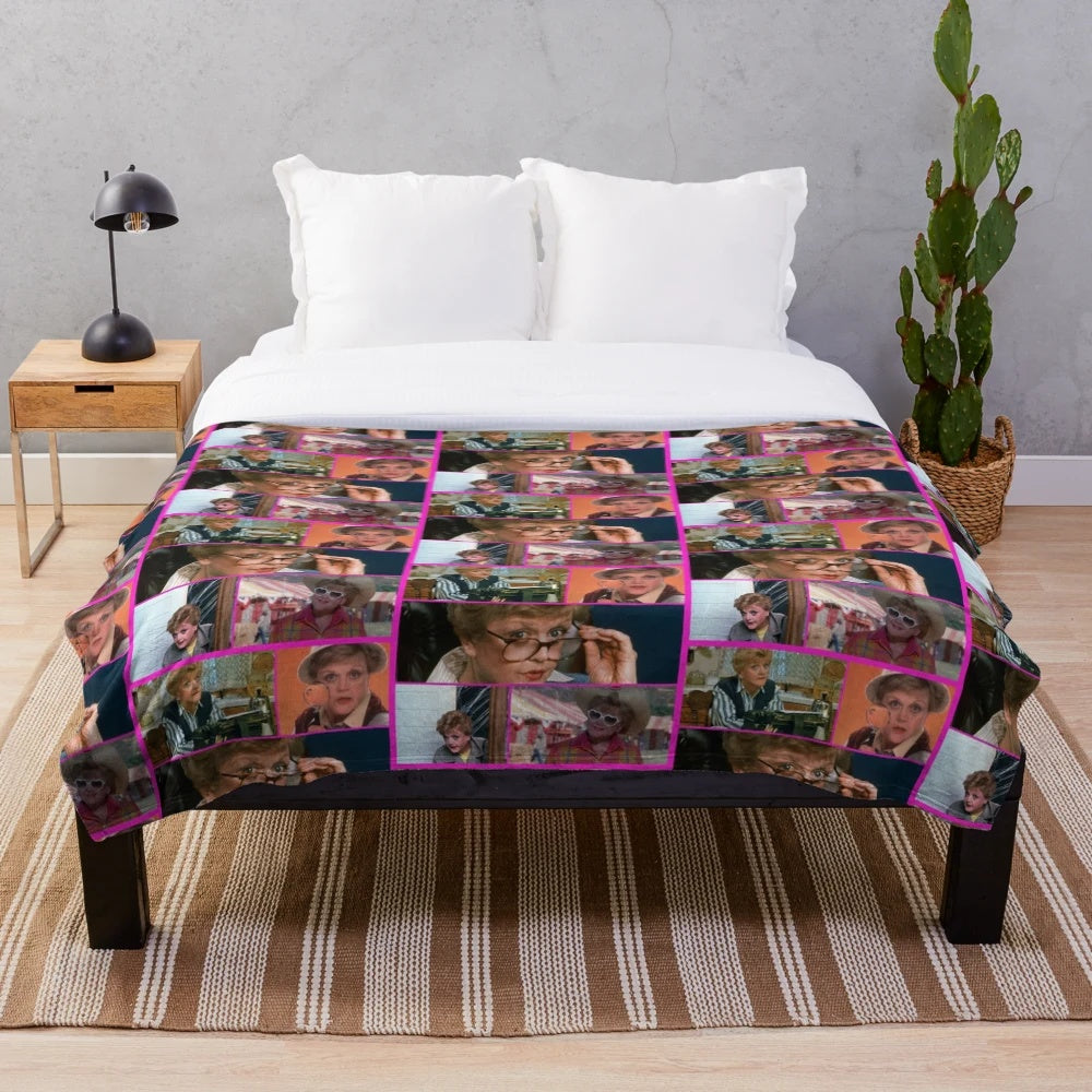 Soft "Murder, She Wrote" inspired plush blanket featuring Jessica Fletcher and Cabot Cove