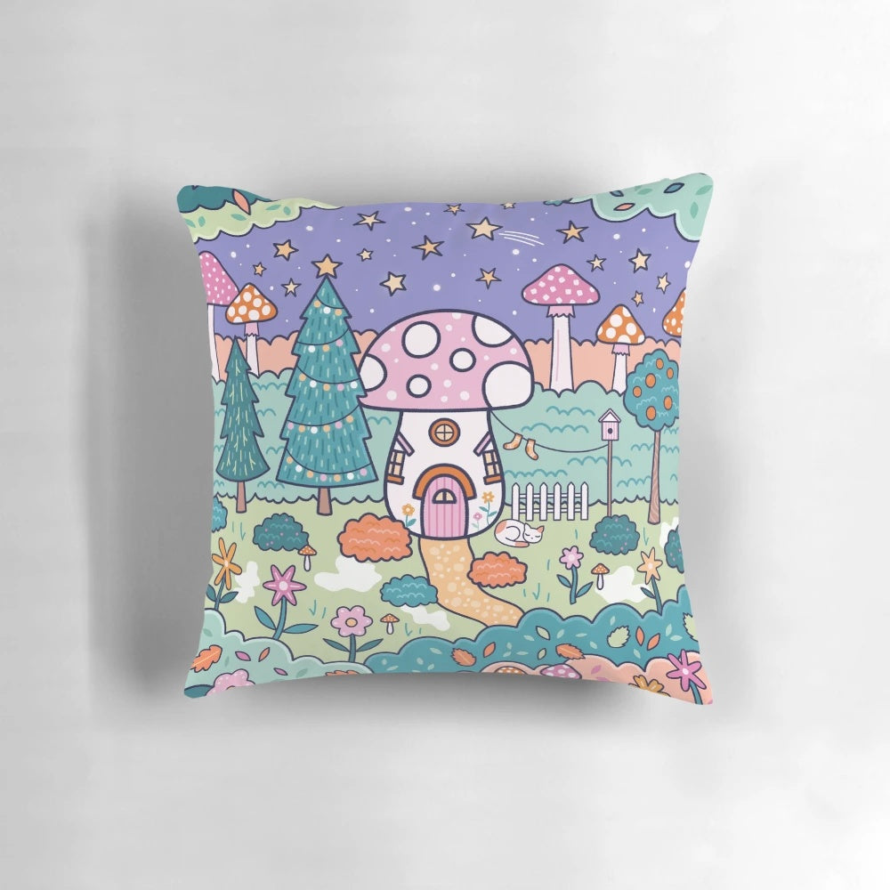 A plush, nature-inspired mushroom cottage pillow with a starry night sky design, perfect for adding magical woodland charm to your home.