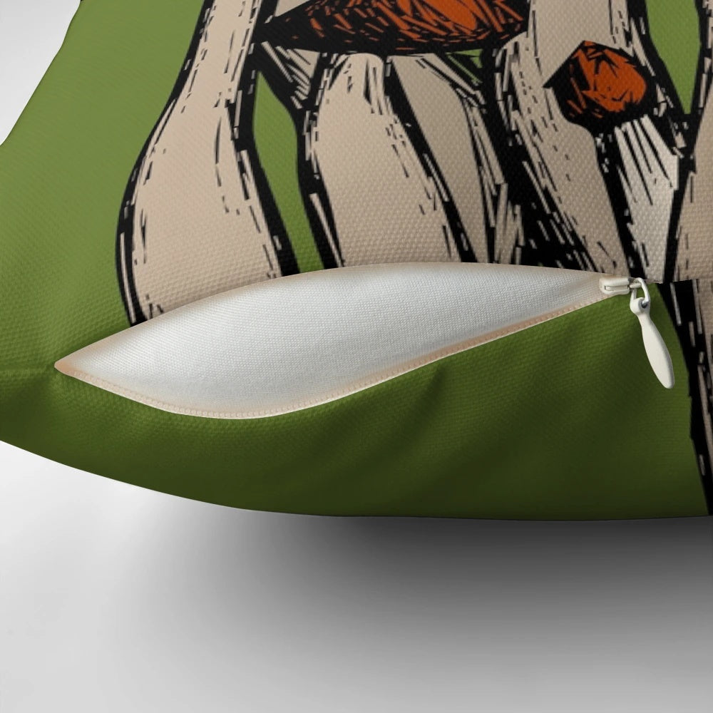 Decorative pillow featuring a sketch-style illustration of a cluster of mushrooms in various shades of red, brown, and green.