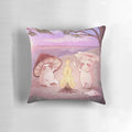 A cozy accent pillow featuring a whimsical design of mushroom friends at sunset on a beach.