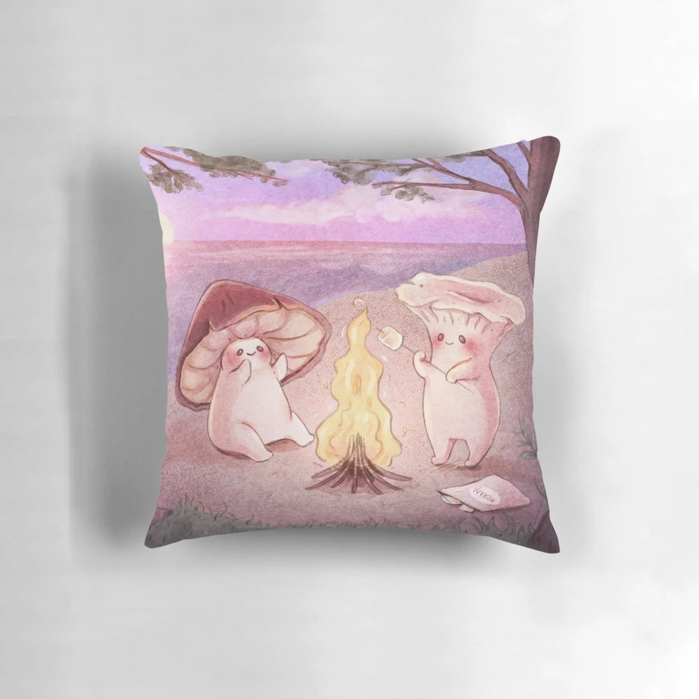 A cozy accent pillow featuring a whimsical design of mushroom friends at sunset on a beach.
