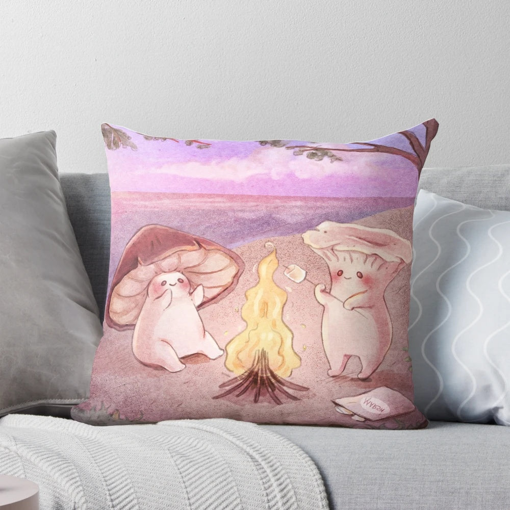 A cozy accent pillow featuring a whimsical design of mushroom friends at sunset on a beach.
