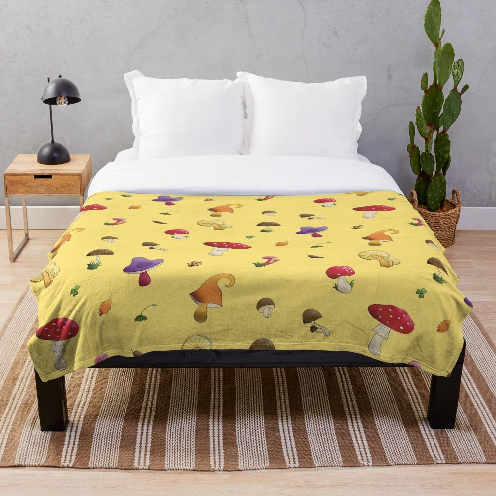 Soft, plush mushroom patterned blanket for cozy fall and winter home decor