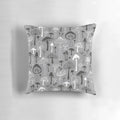 A decorative throw pillow featuring a hand-drawn mushroom silhouette in shades of gray against a white background, perfect for nature-inspired home decor.