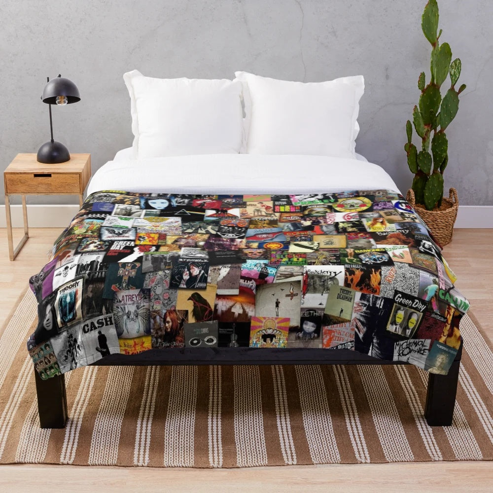 Plush music-themed blanket with a collage design