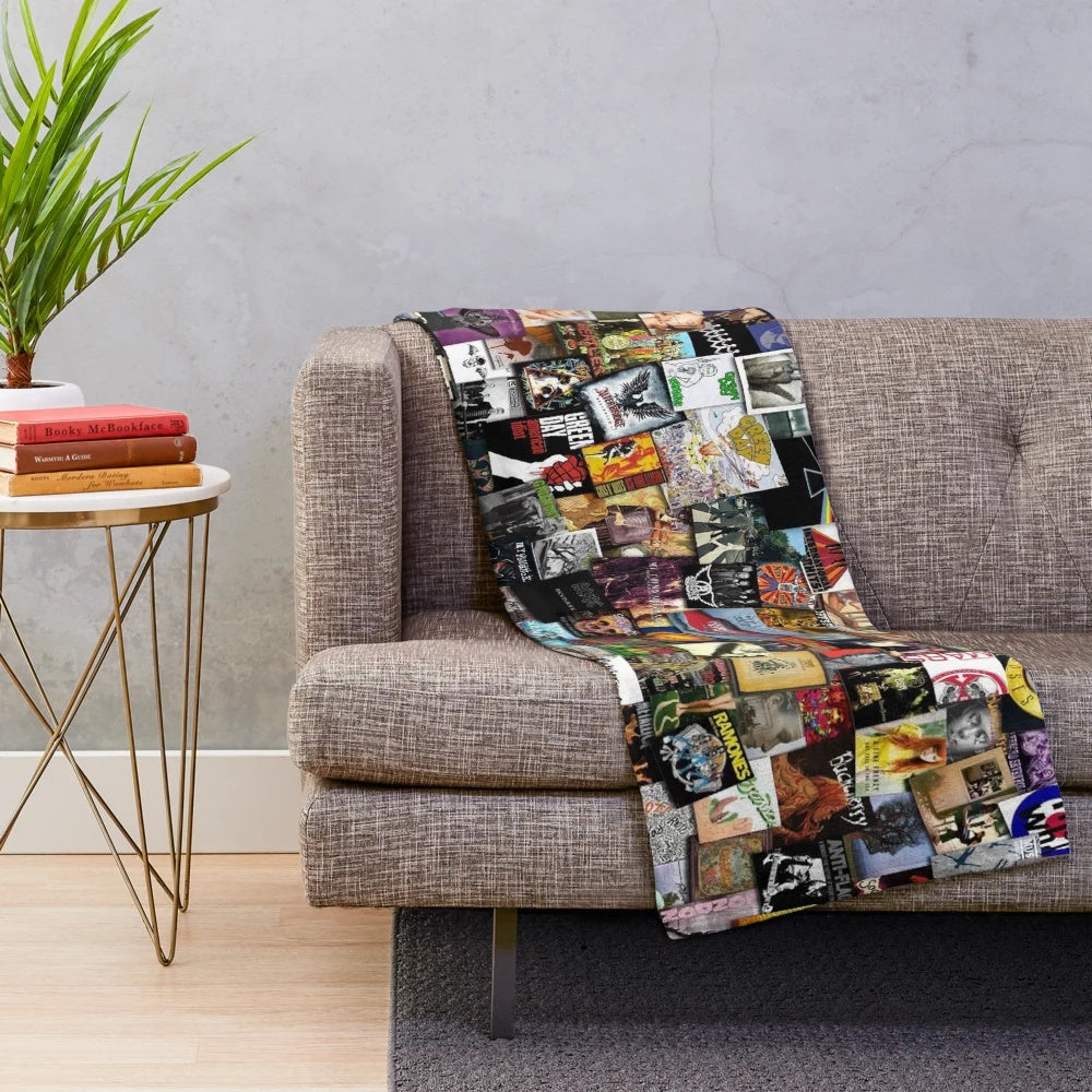 Plush music-themed blanket with a collage design