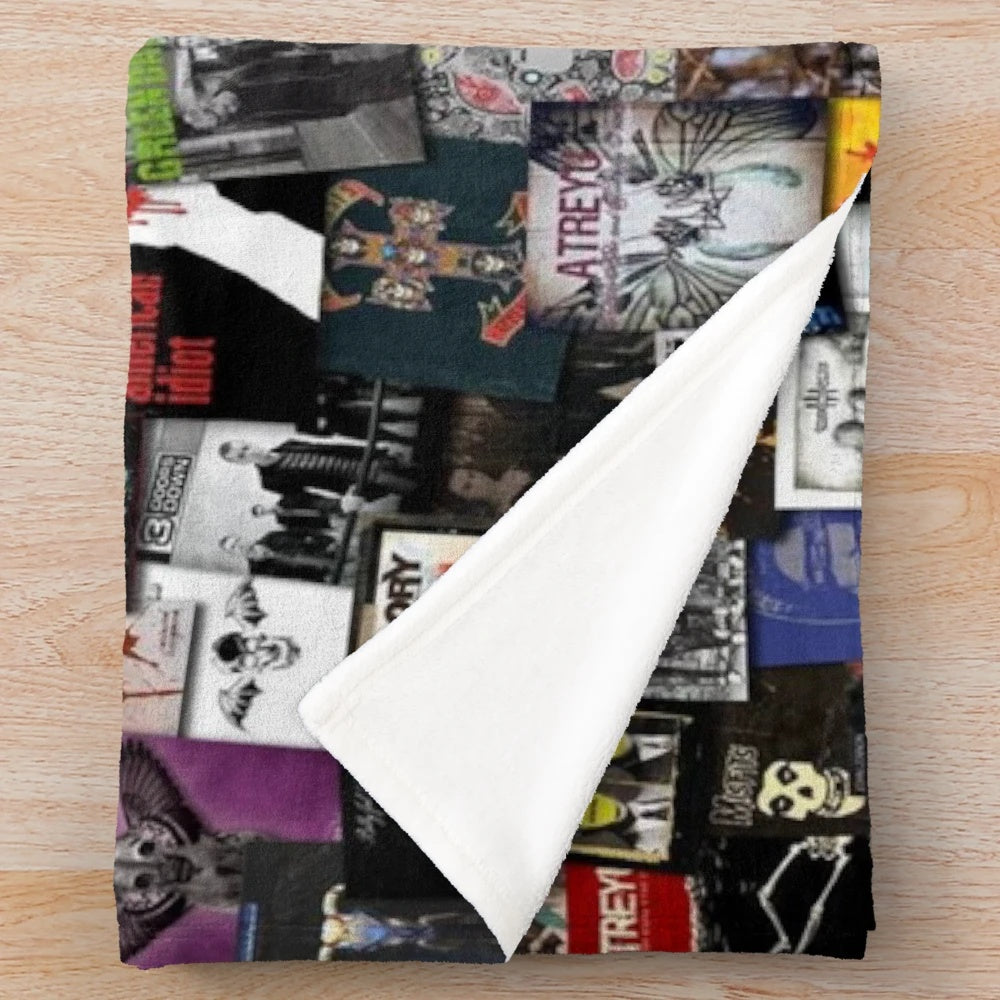 Plush music-themed blanket with a collage design