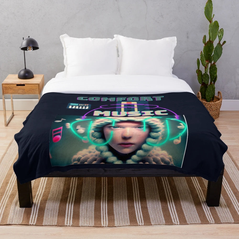 Plush, soft music-themed blanket with digital fantasy art design