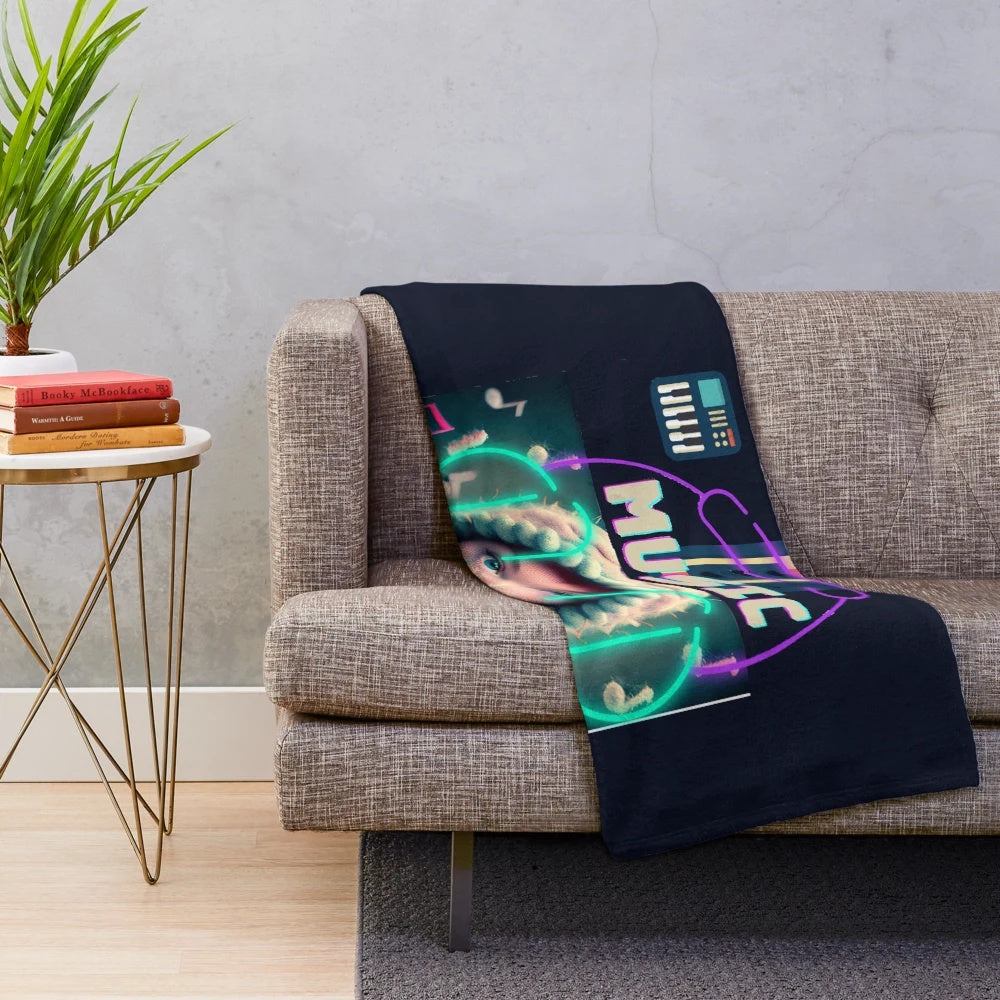 Plush, soft music-themed blanket with digital fantasy art design