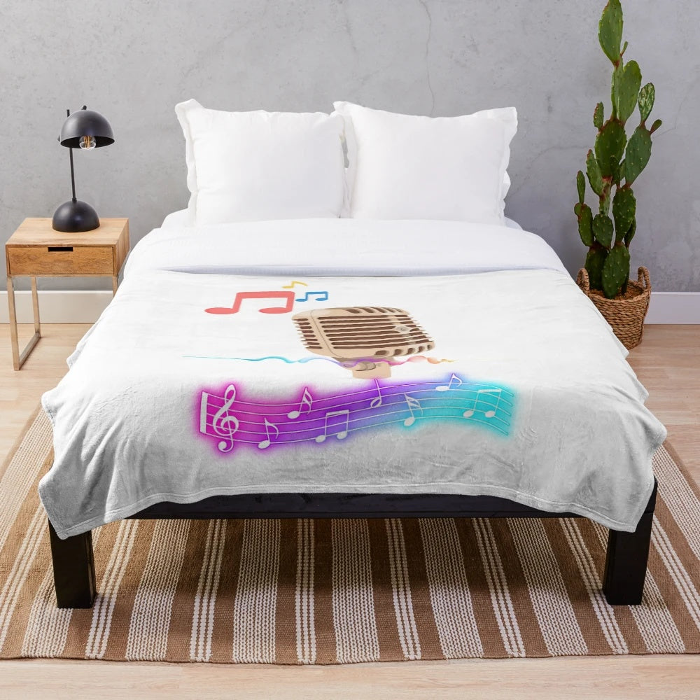 Colorful music-themed plush blanket with microphone and musical notes