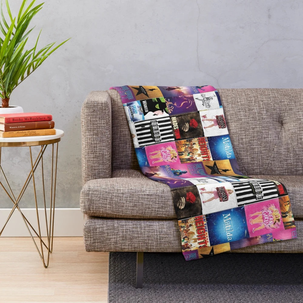 Musical theater playbill collage design on a soft, plush blanket