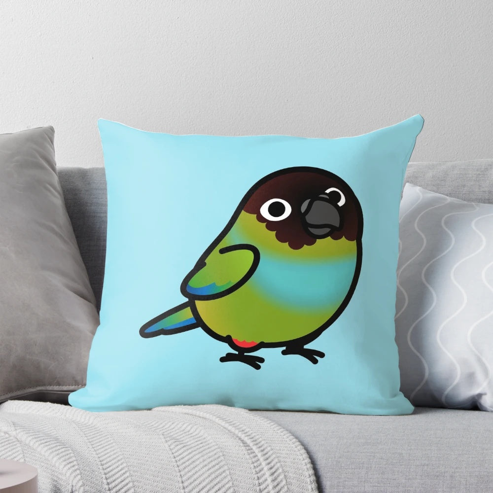 Fluffy plush pillow featuring a chubby nanday conure parrot
