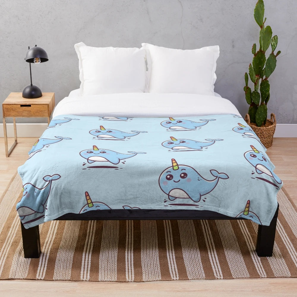 Soft and Plush Narwhal Blanket with Cute Smiling Narwhal Design