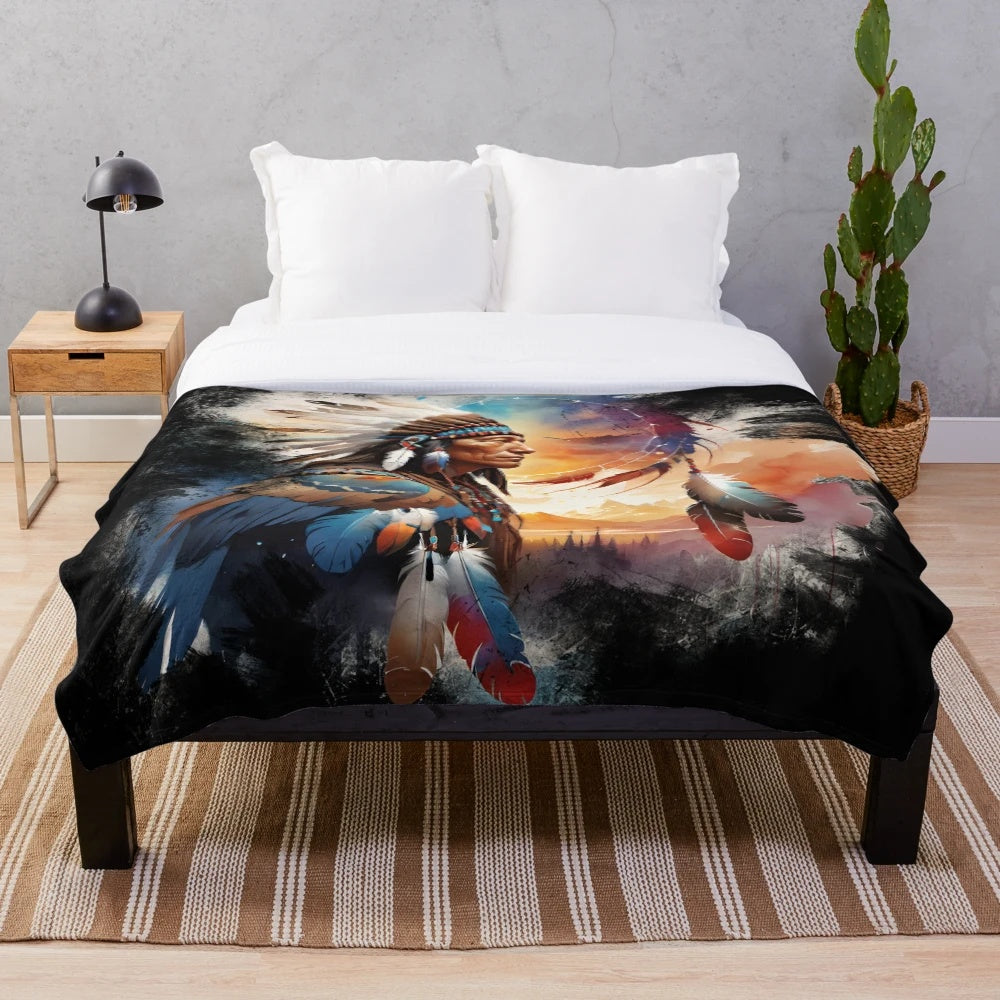 Native-inspired plush blanket with tribal patterns and feather designs
