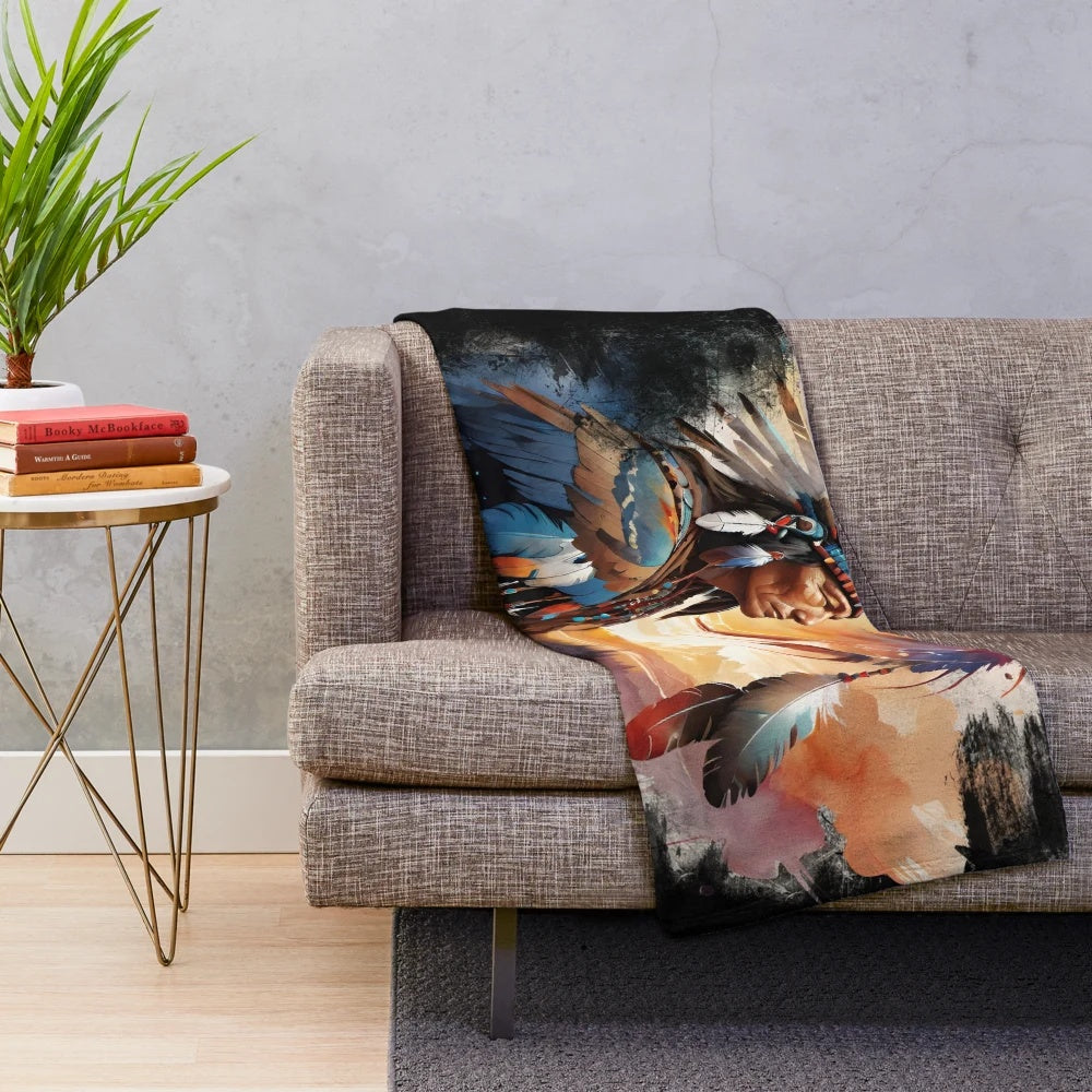 Native-inspired plush blanket with tribal patterns and feather designs