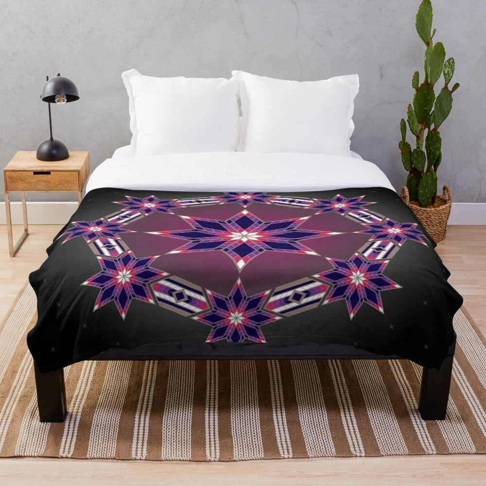Native-inspired purple plush blanket with morning star and circle designs